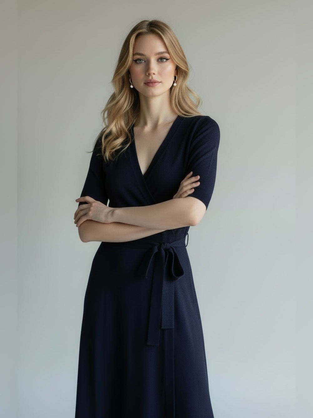 Eliza J Navy Wrap Midi Dress with Tie Waist